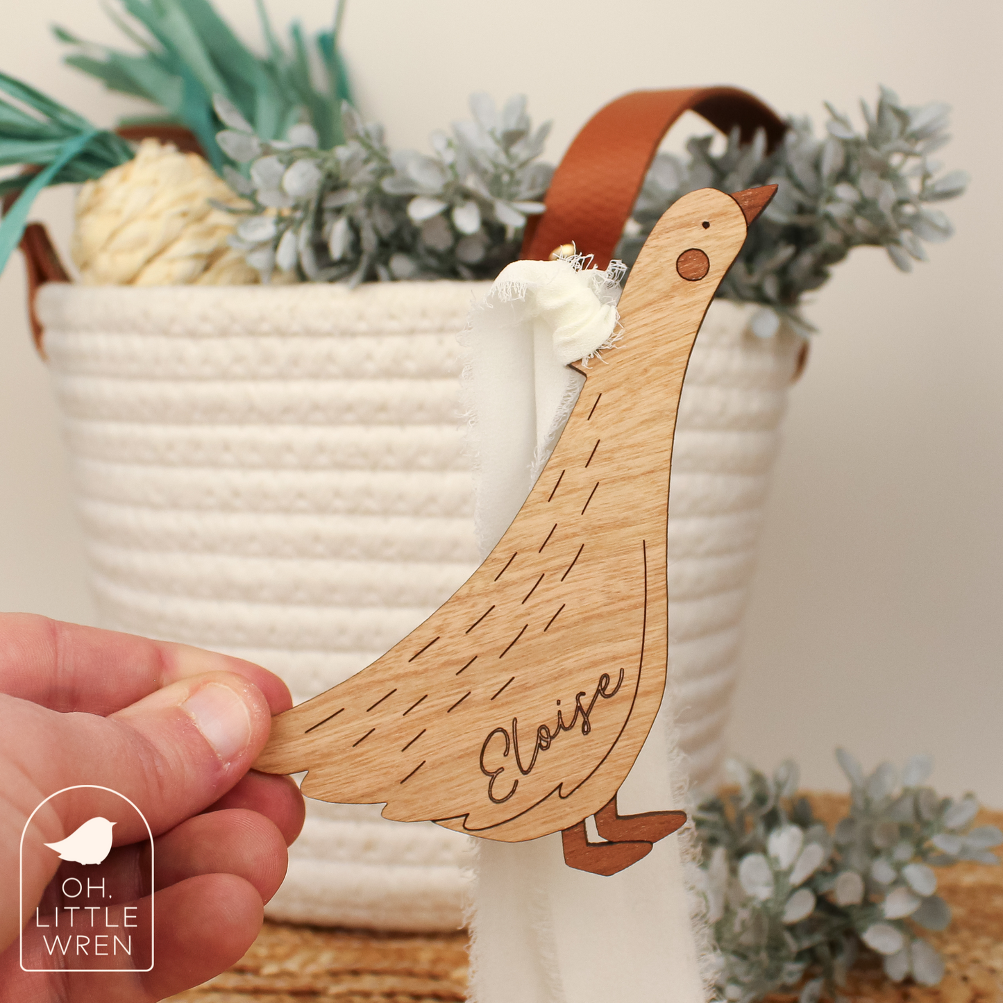 custom heirloom wood goose easter basket tag