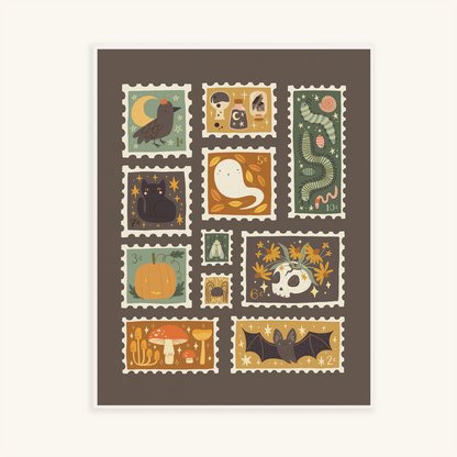 Halloween Stamp Collection 8x10 Art Print, Fall Wall Art