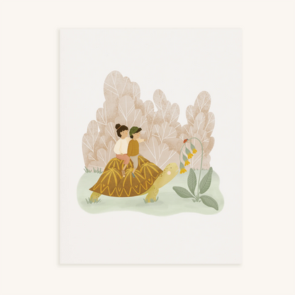 in no hurry art print. print features a two kids, riding on a turtle, pointing out a ladybug perched atop some yellow flowers that the turtle is about to munch.