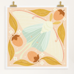 load image into gallery viewer, art print showing a luna moth in pale greens and pinks, surrounded by orange persimmons and mustard yellow leaves. shown displayed hanging from two gold clips.
