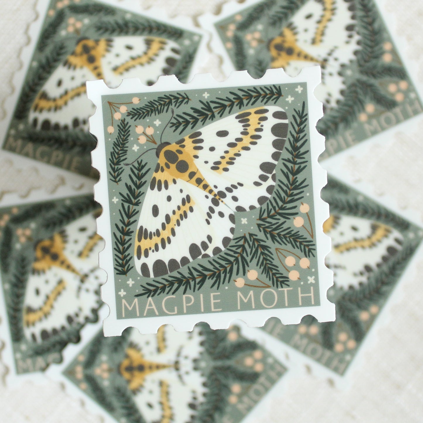 Magpie moth, stamp shaped vinyl sticker