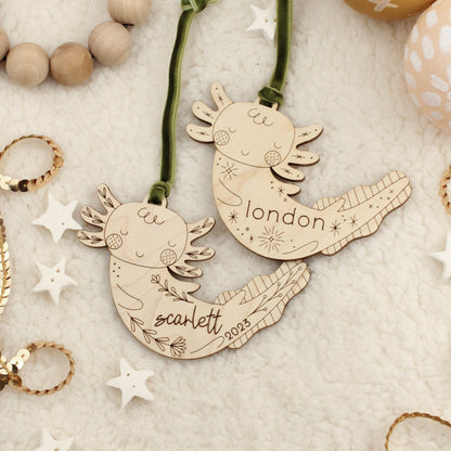 axolotl personalized wooden folksy christmas ornaments