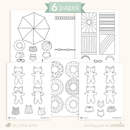 pages of a summer cat themed paper doll printable are shown. with the front page showing cats and bathing suits, fun inner tubes, a pool, beach towels, and an umbrella.