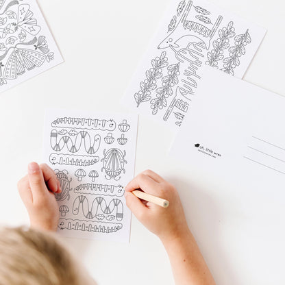 wonders + wilds coloring postcards set – 14 folk-style animals from parks, forests + gardens