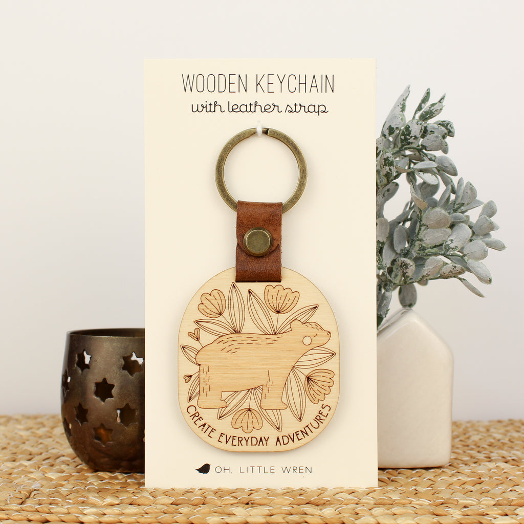 forest bear wooden keychain with leather strap