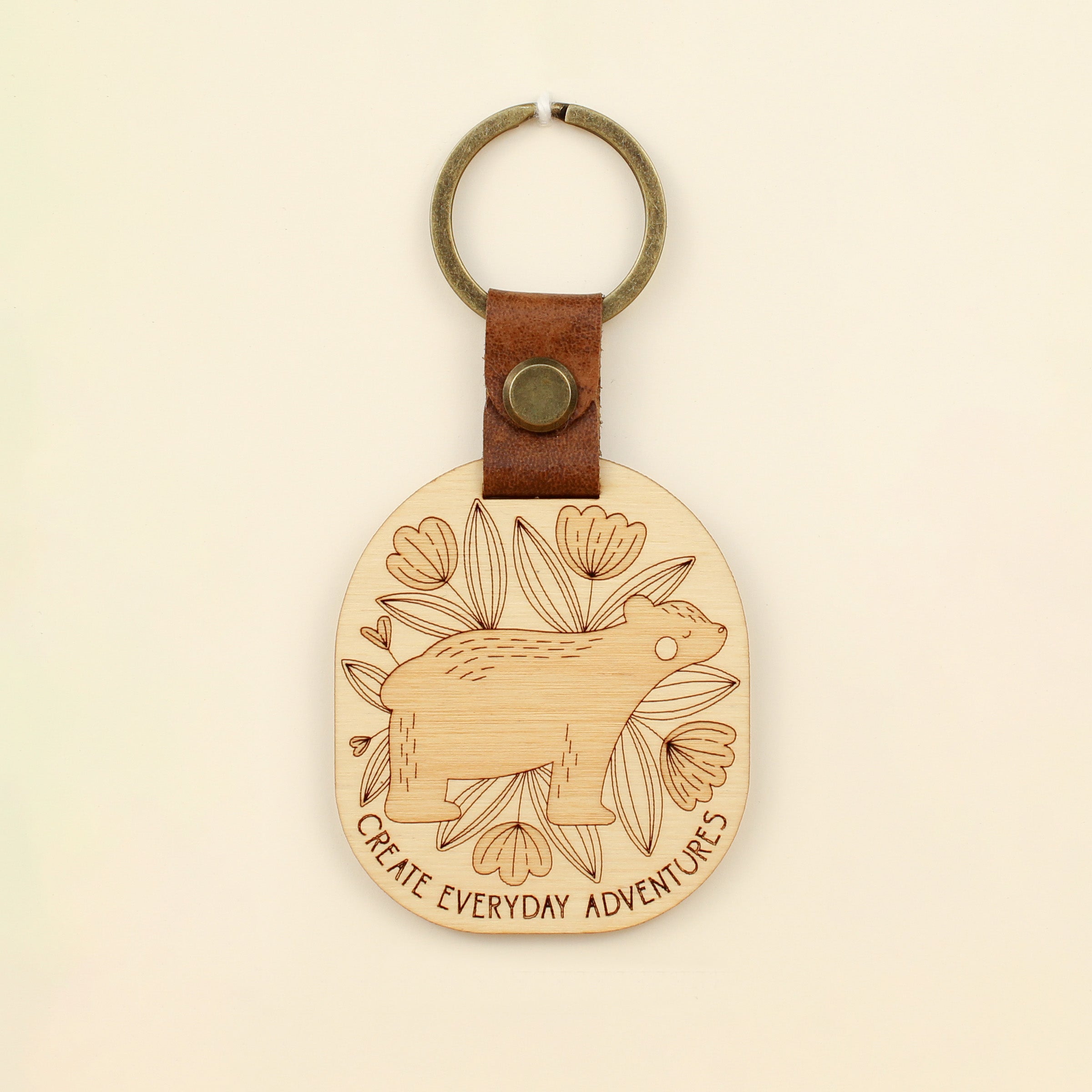 forest bear wooden keychain with leather strap
