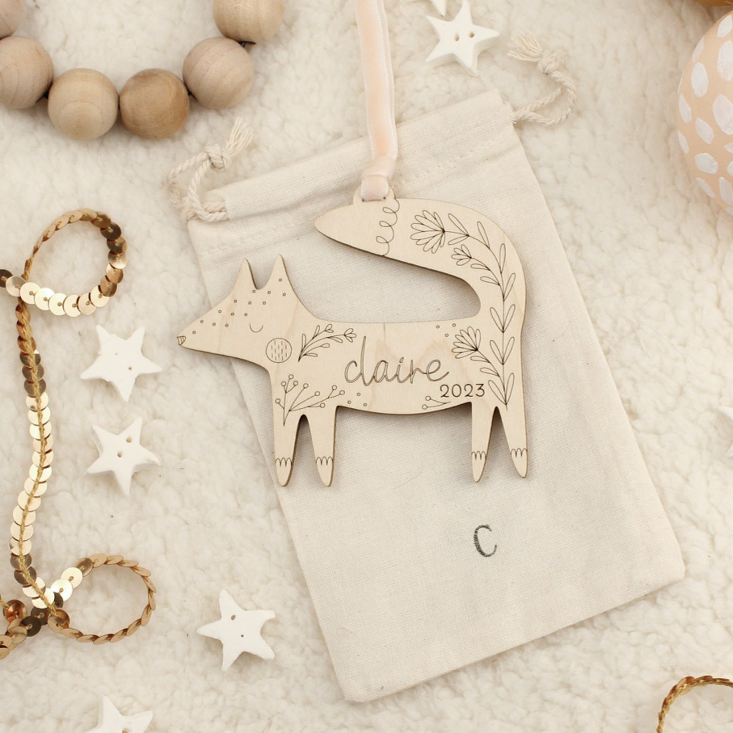 fox personalized wooden folksy christmas ornaments
