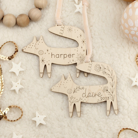 fox personalized wooden folksy christmas ornaments