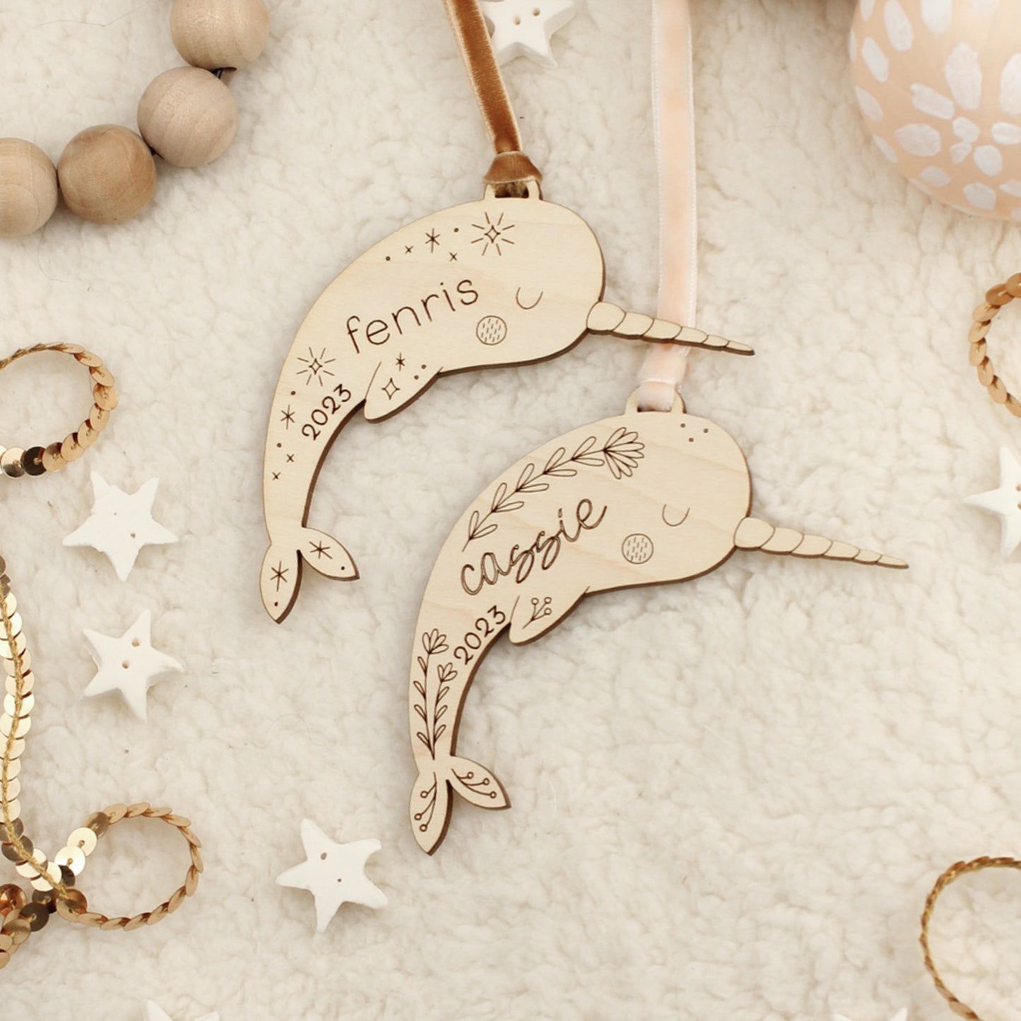 narwhal personalized wooden folksy christmas ornaments