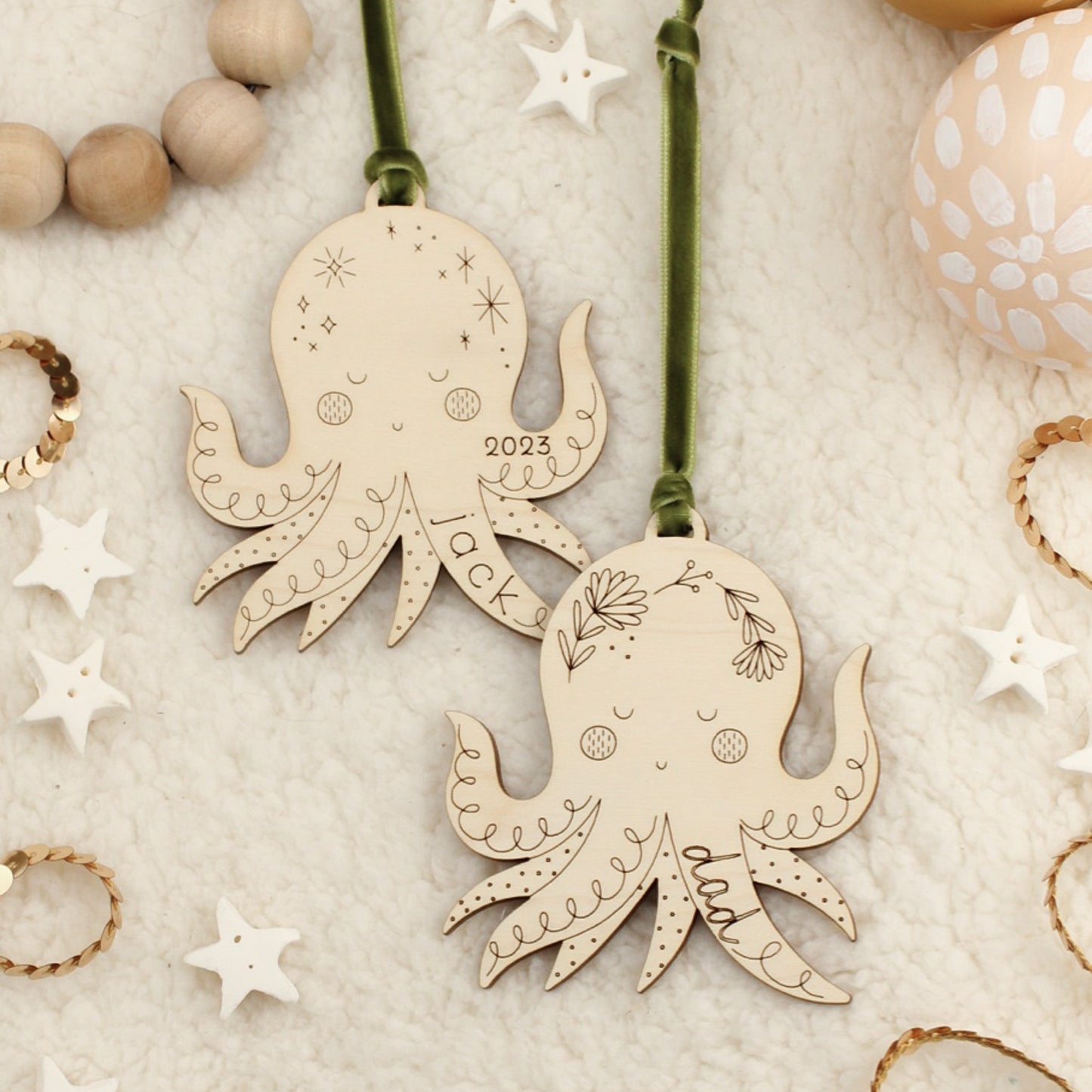 octopus personalized wooden folksy christmas ornaments