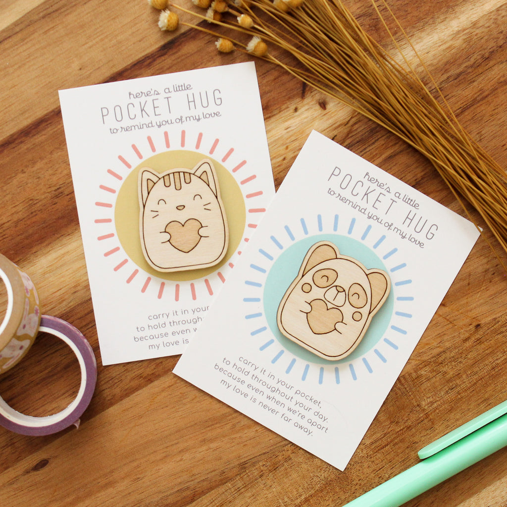animal friend pocket hugs, wooden token