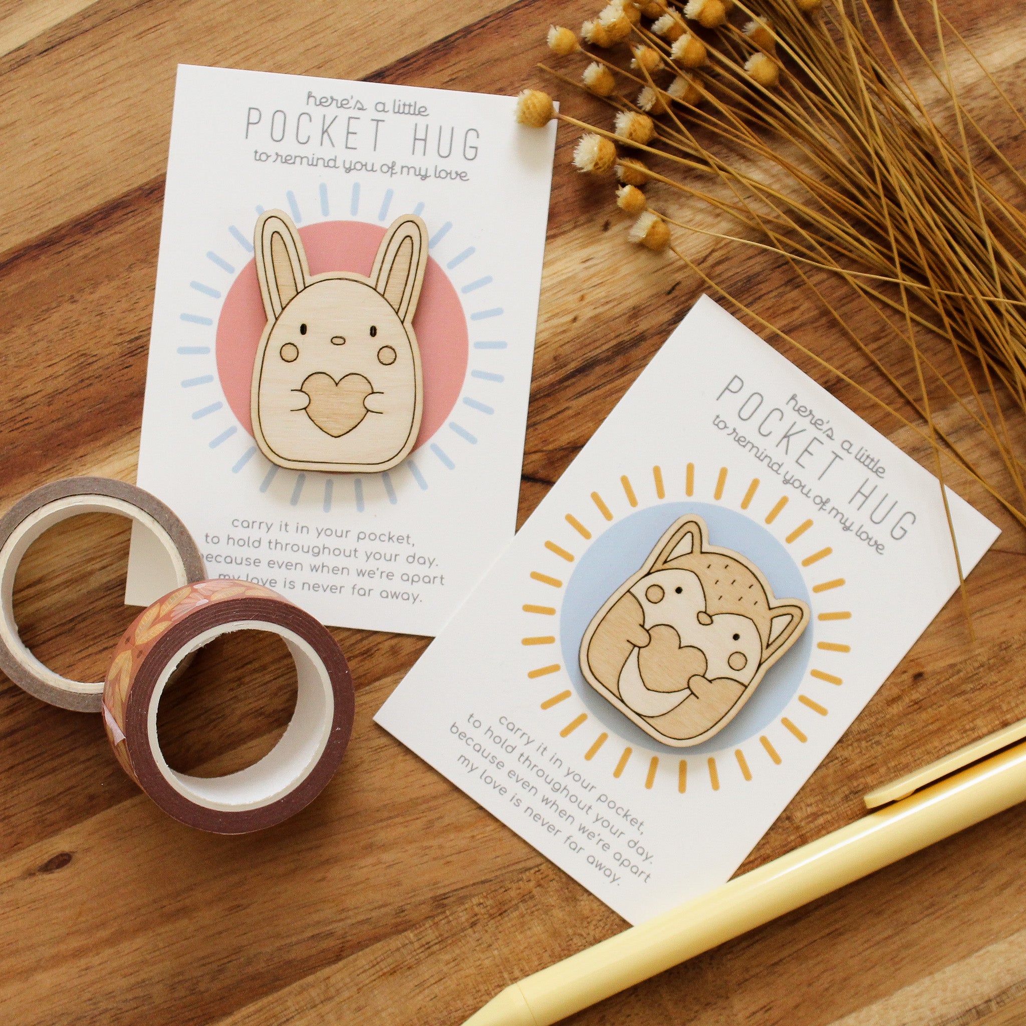 animal friend pocket hugs, wooden token