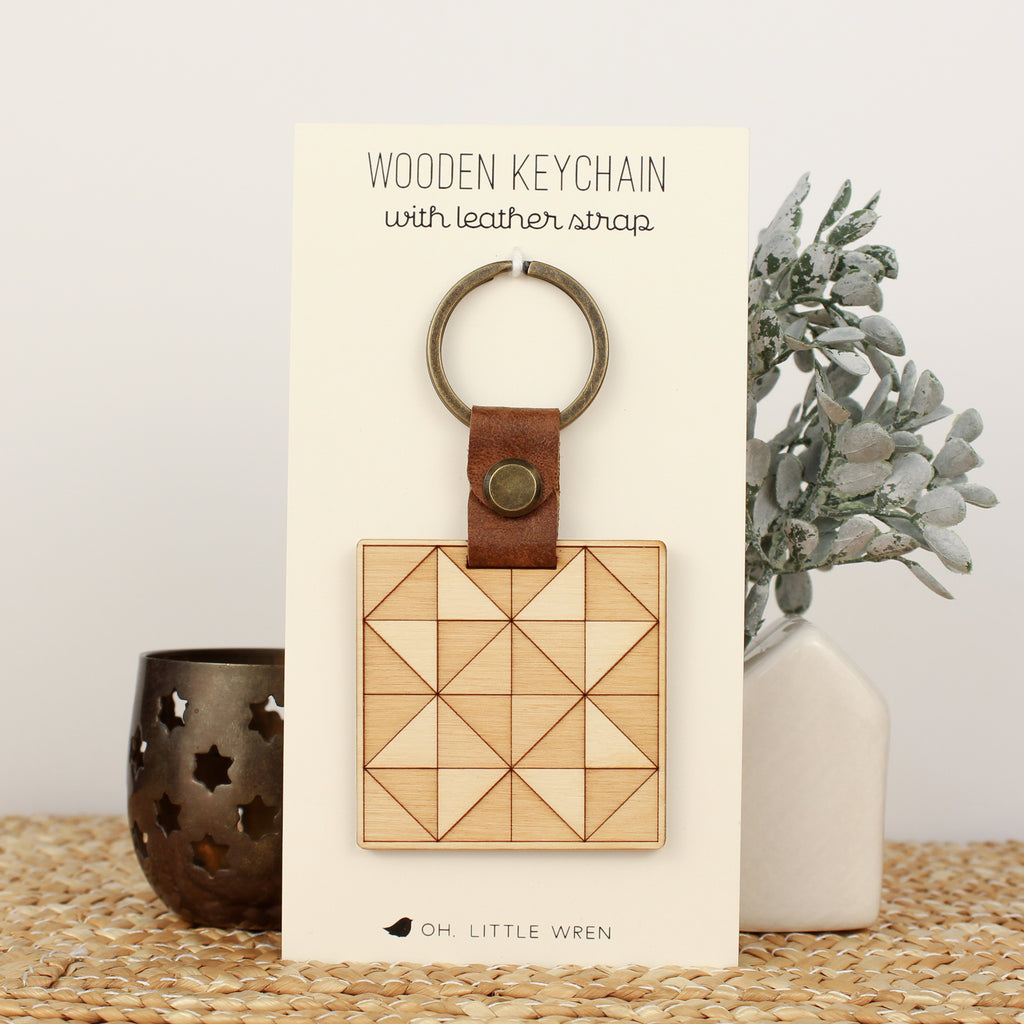 quilt block #3 wooden keychain with leather strap
