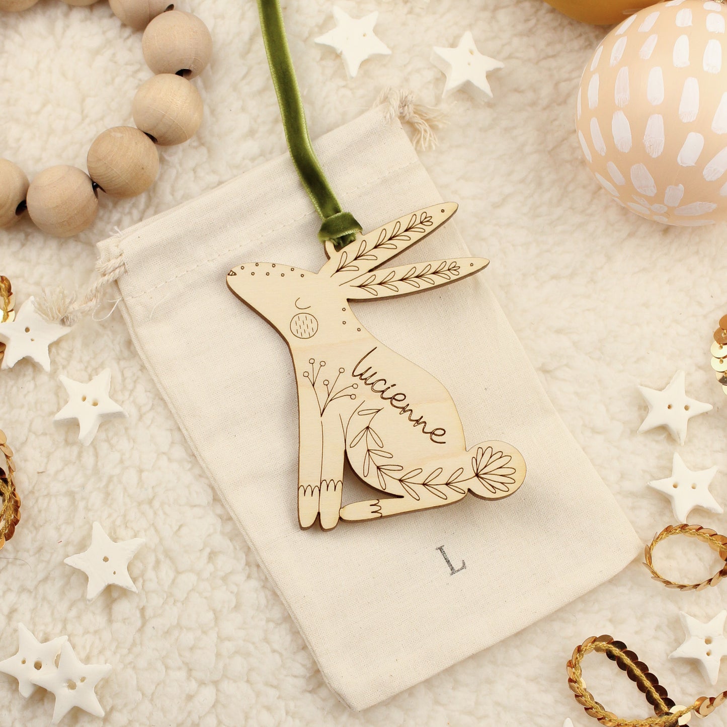 rabbit personalized wooden folksy christmas ornaments