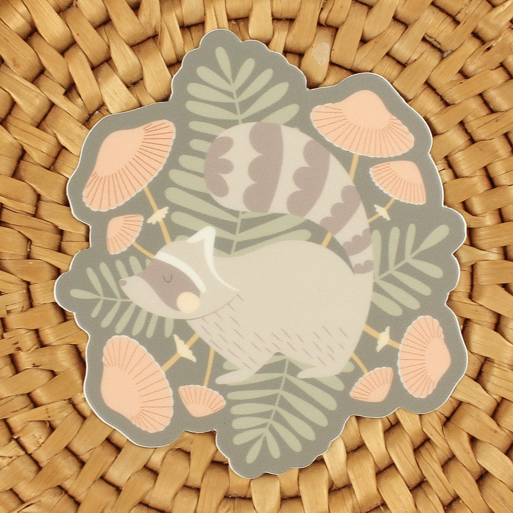 raccoon and mushrooms, series 4 vinyl sticker