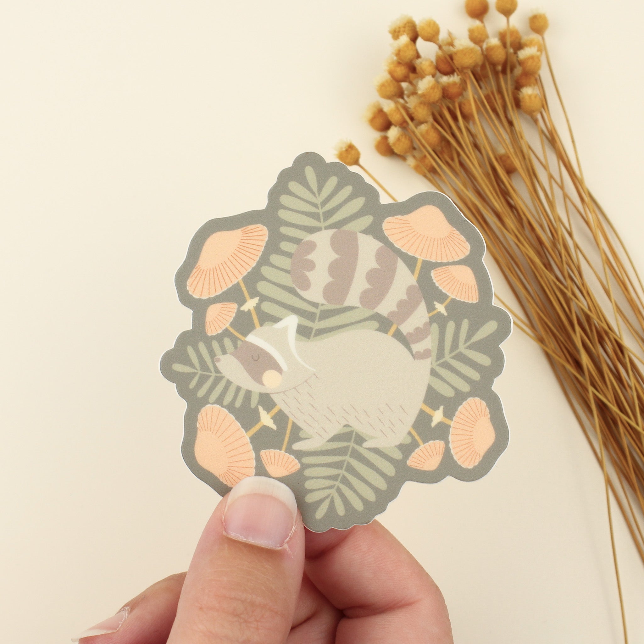 raccoon and mushrooms, series 4 vinyl sticker