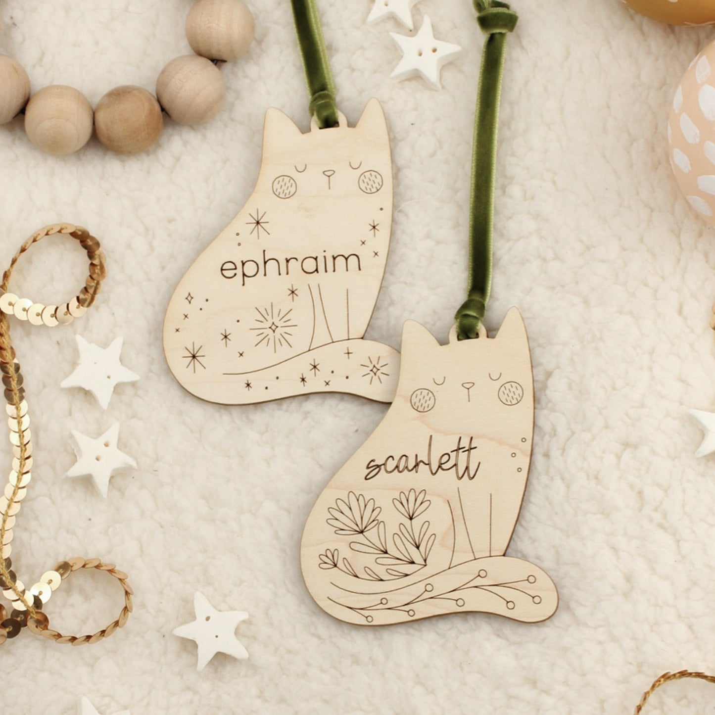 cat, sitting personalized wooden folksy christmas ornaments