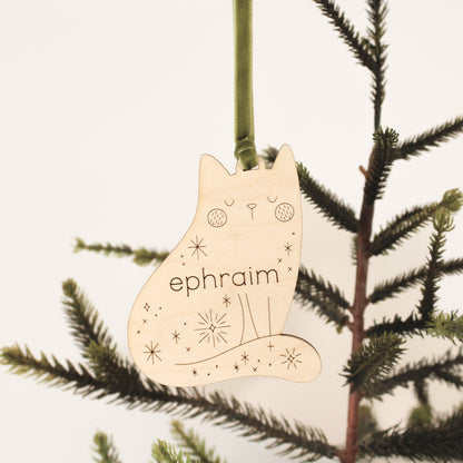 cat, sitting personalized wooden folksy christmas ornaments