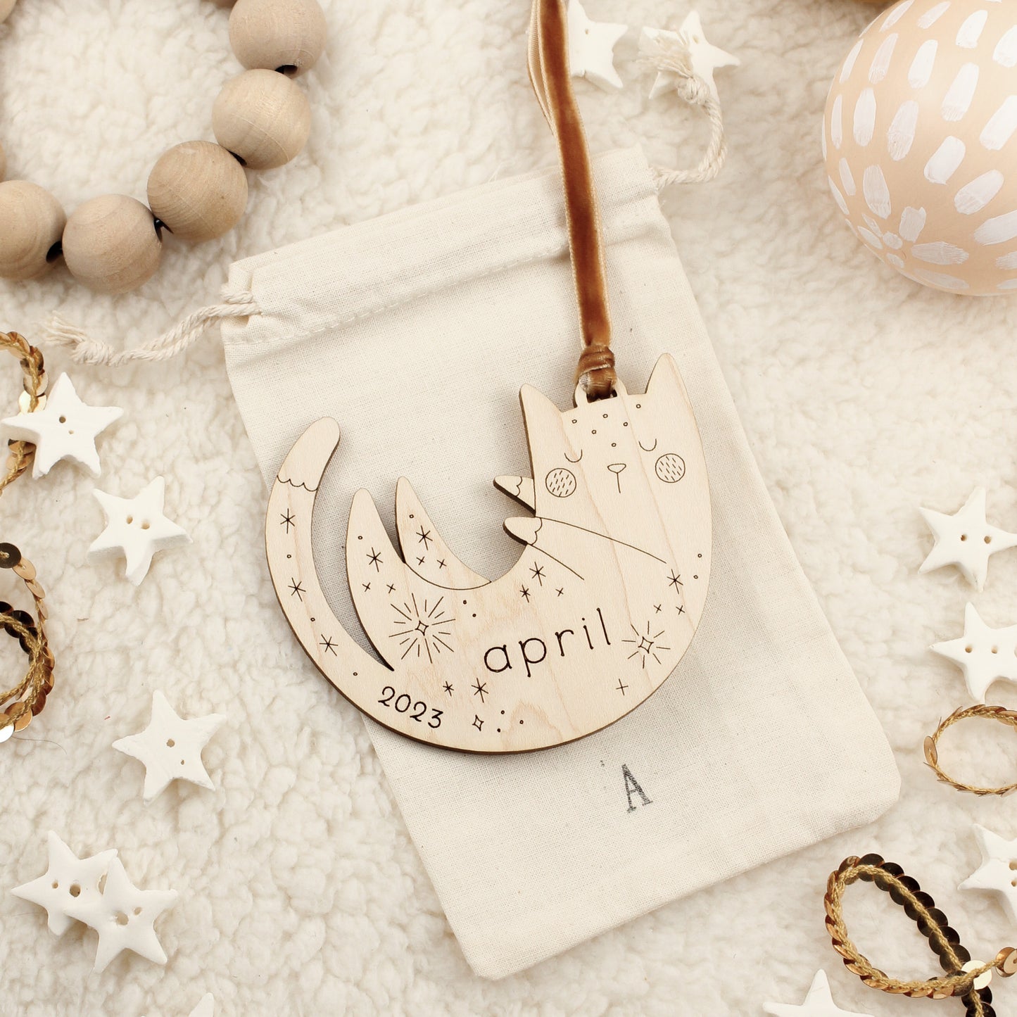 cat, sleeping personalized wooden folksy christmas ornaments