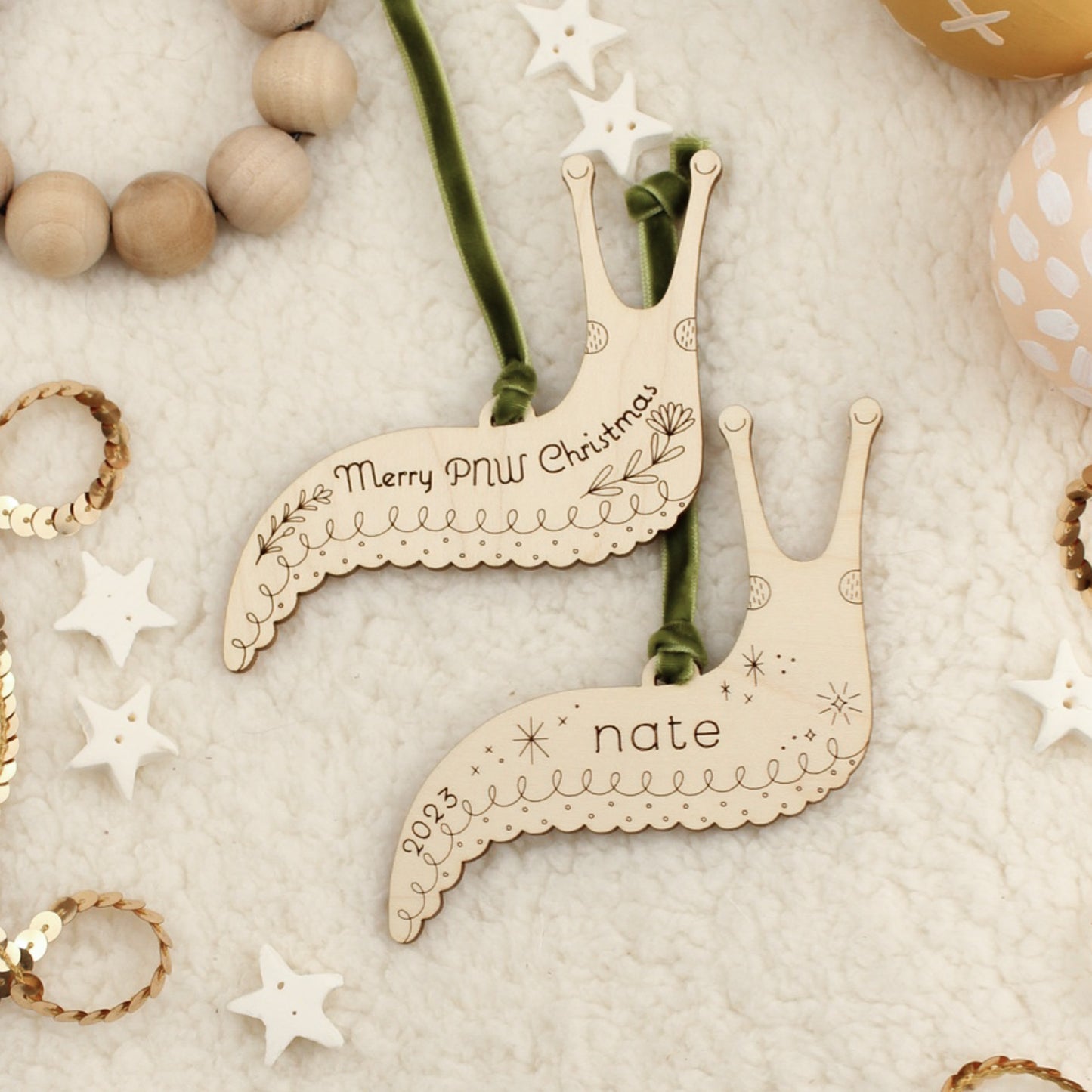 slug personalized wooden folksy christmas ornaments