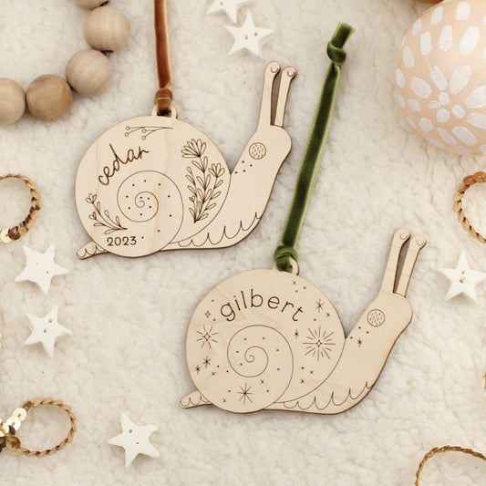 snail personalized wooden folksy christmas ornaments