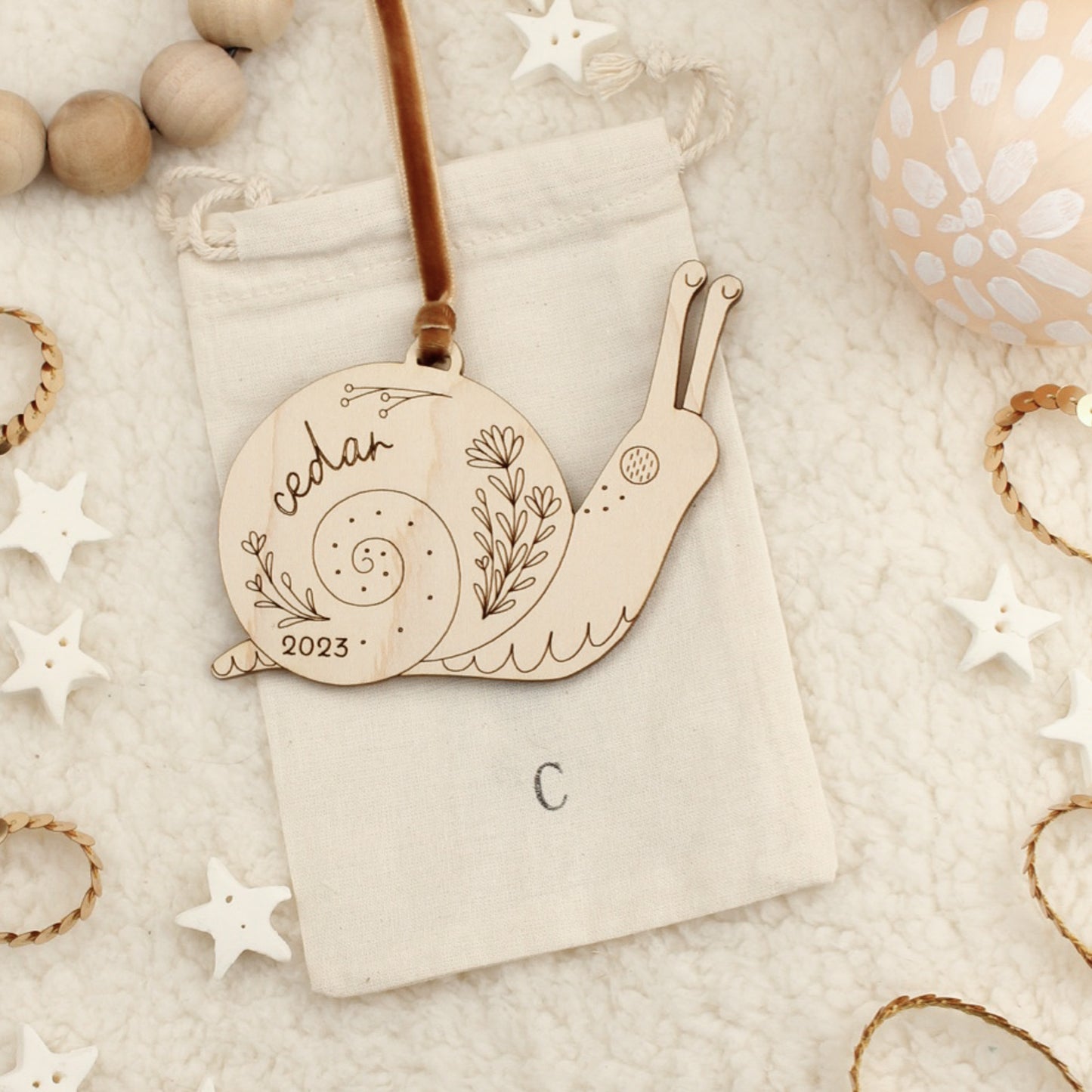 snail personalized wooden folksy christmas ornaments