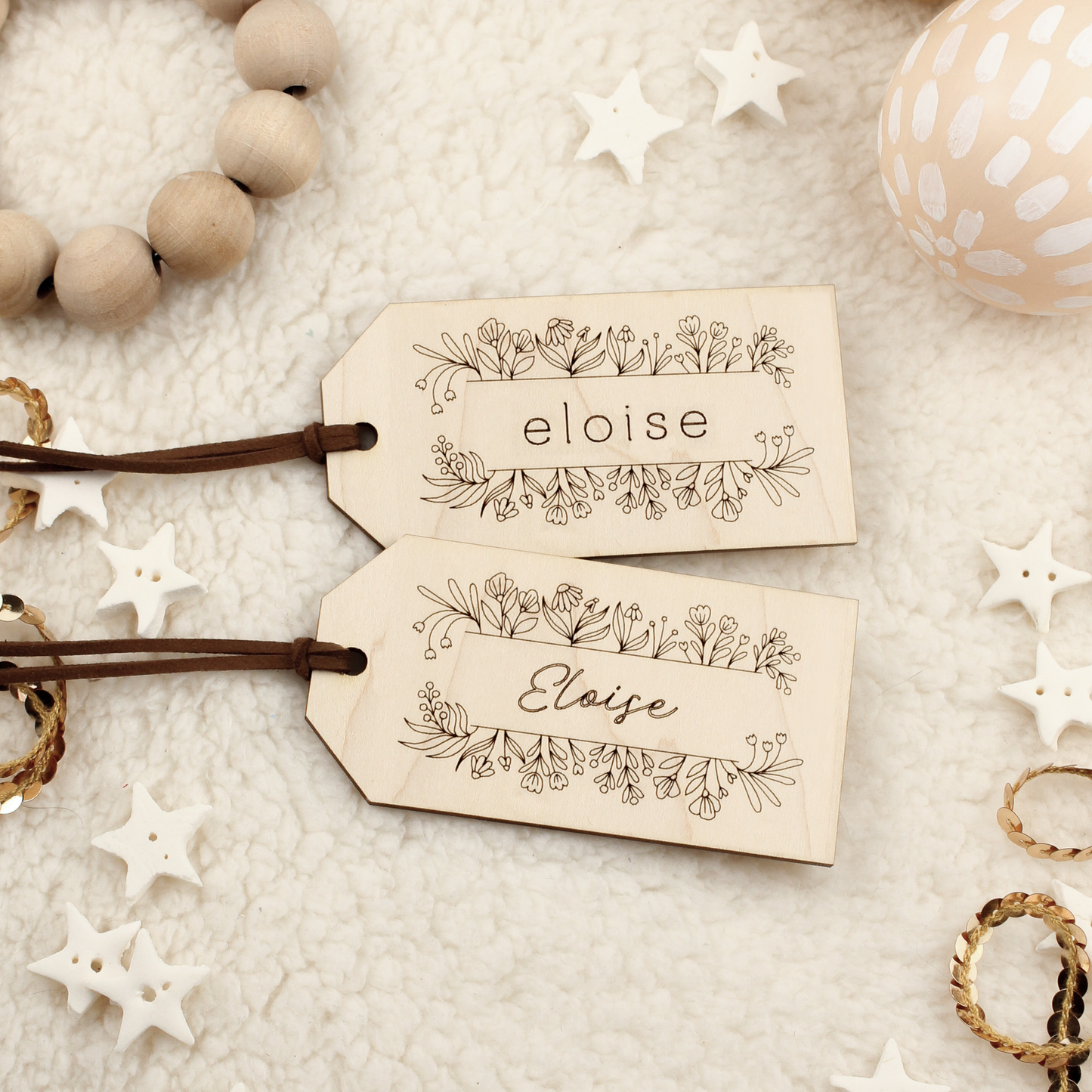heirloom maple wood stocking tag, bouquet design