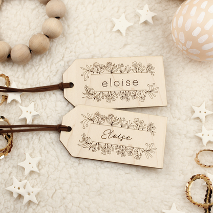 heirloom maple wood stocking tag, bouquet design