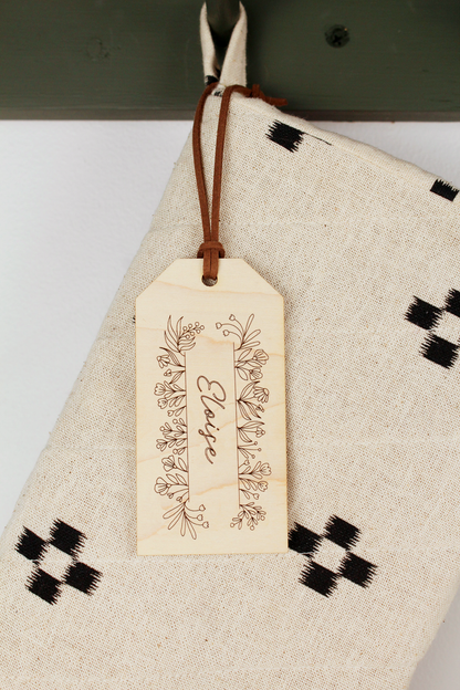 heirloom maple wood stocking tag, bouquet design