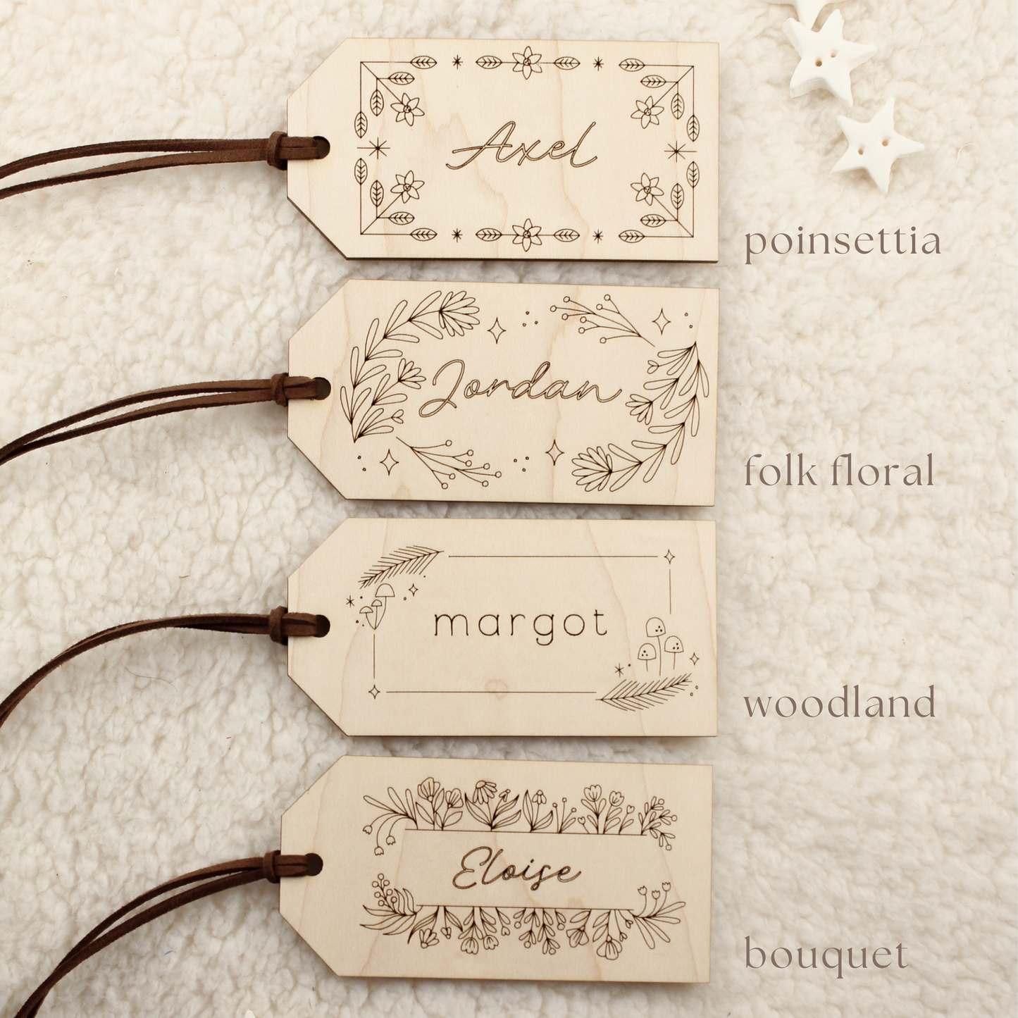 heirloom maple wood stocking tag, woodland design