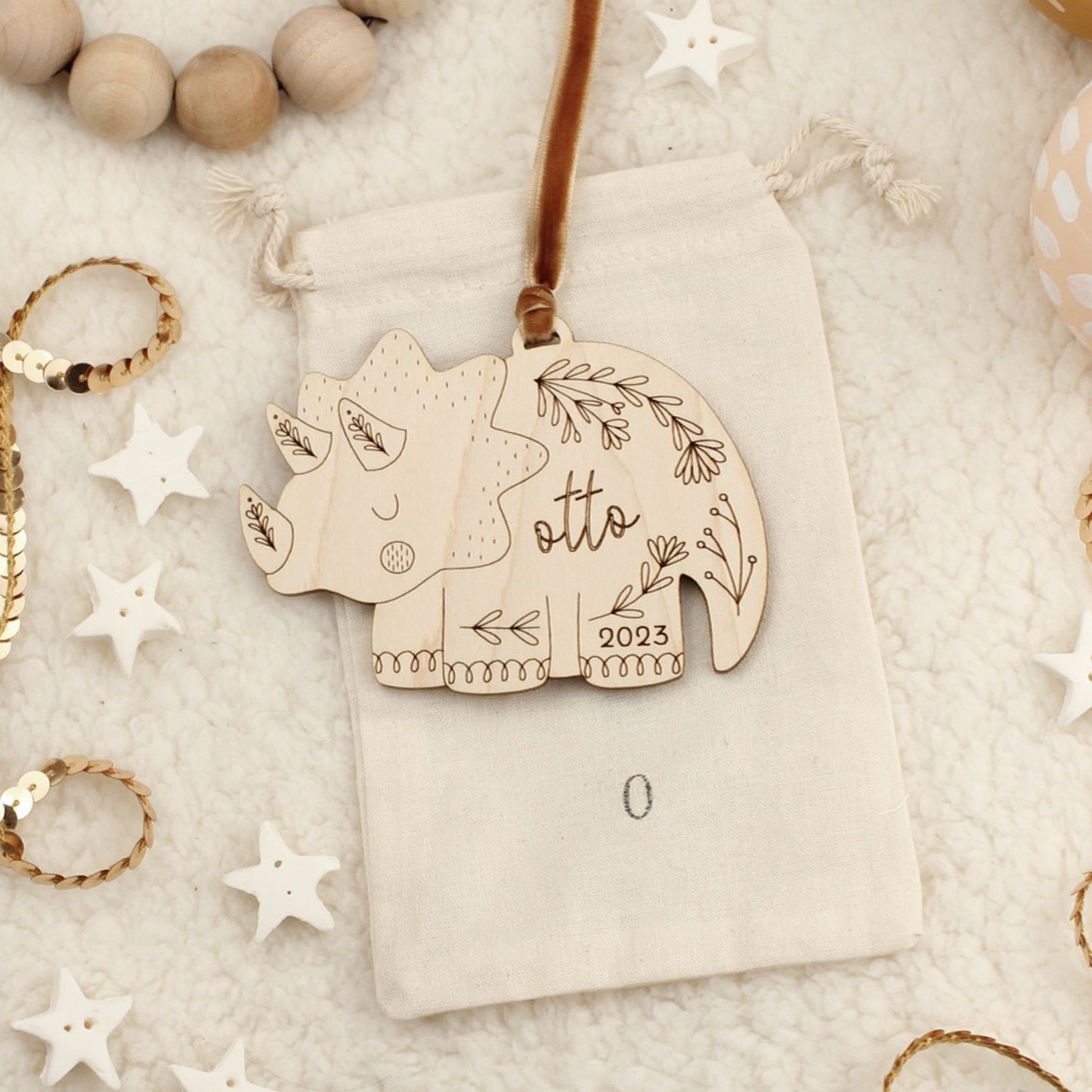 triceratops dinosaur personalized wooden folksy christmas ornaments