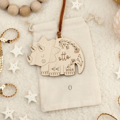 triceratops dinosaur personalized wooden folksy christmas ornaments