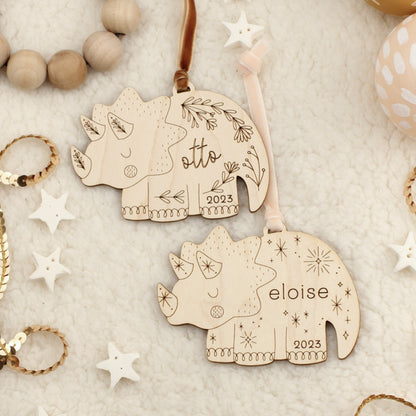 triceratops dinosaur personalized wooden folksy christmas ornaments