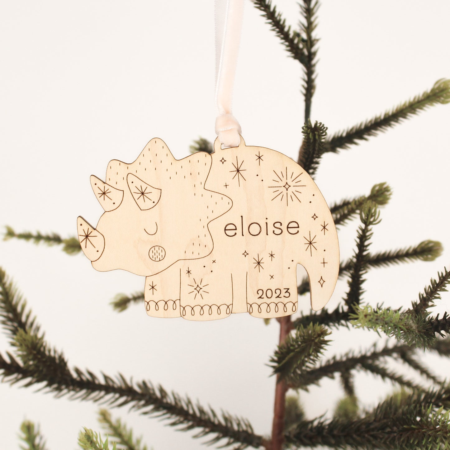 triceratops dinosaur personalized wooden folksy christmas ornaments