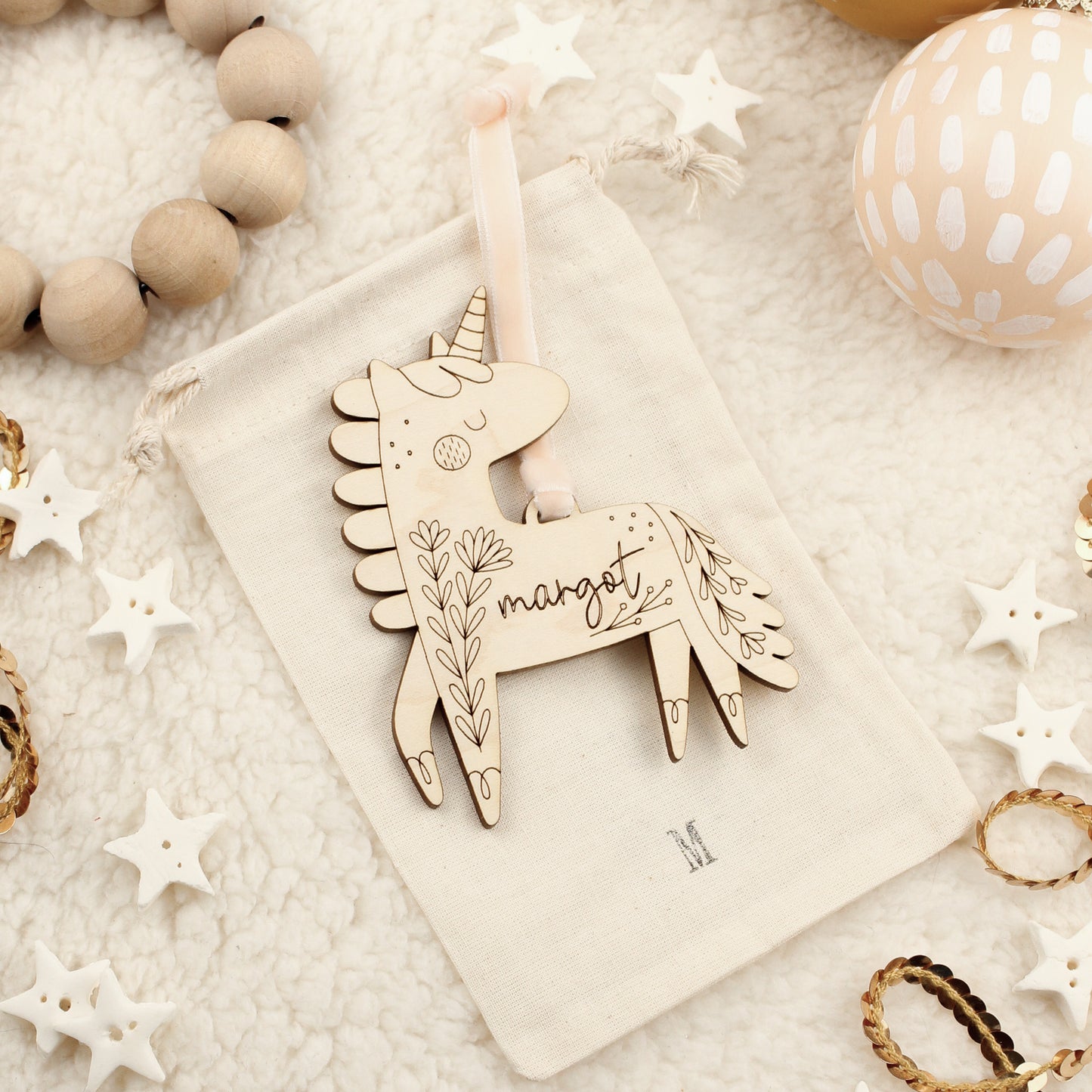 unicorn personalized wooden folksy christmas ornaments