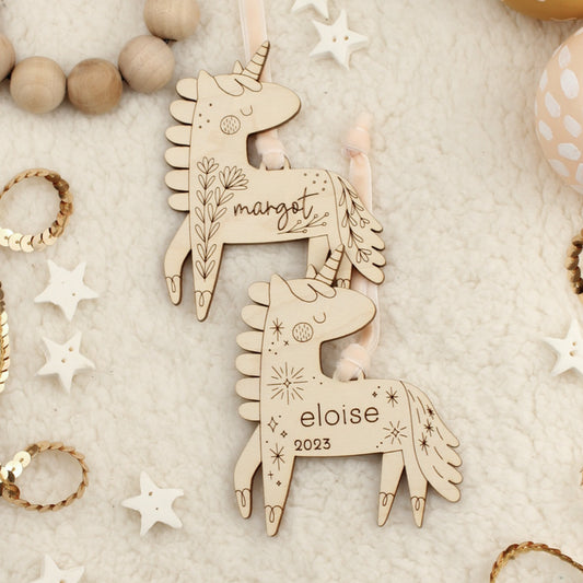 unicorn personalized wooden folksy christmas ornaments