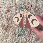 load and play video in gallery viewer, wooden inlaid lunar moth wall art
