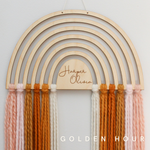 load image into gallery viewer, personalized wood and yarn rainbow wall hanging
