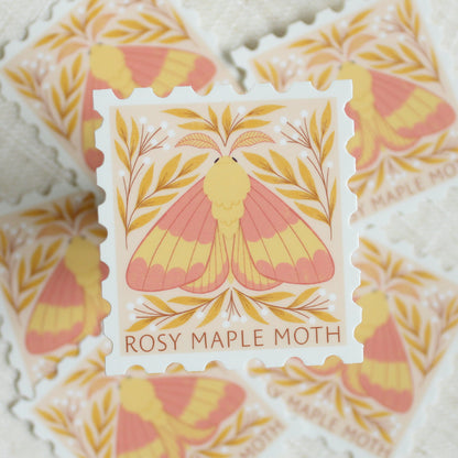 Rosy maple moth, stamp shaped vinyl sticker