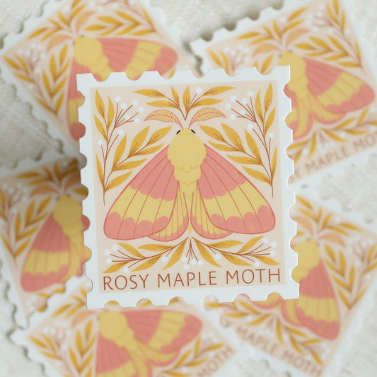 Rosy maple moth, stamp shaped vinyl sticker