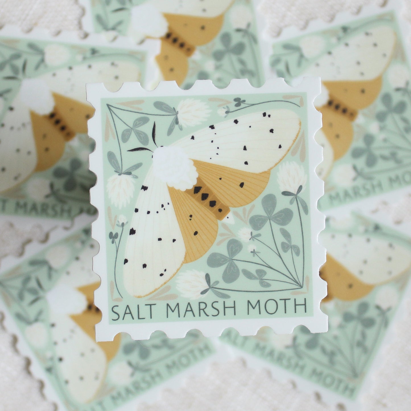 Salt marsh moth, stamp shaped vinyl sticker