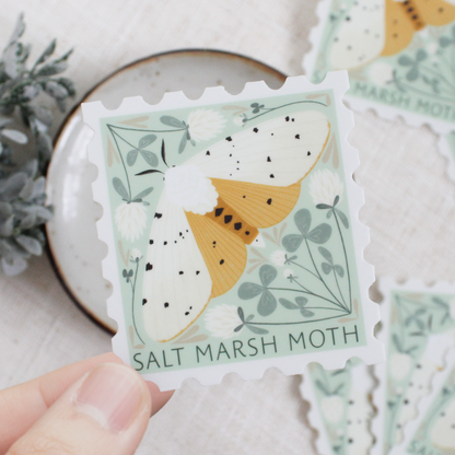 Salt marsh moth, stamp shaped vinyl sticker