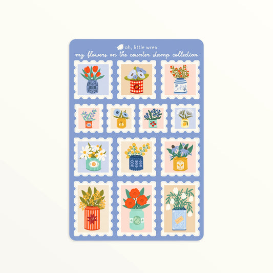 Jars of Flowers Stamp Collection Sticker Sheet | 4x6 inches