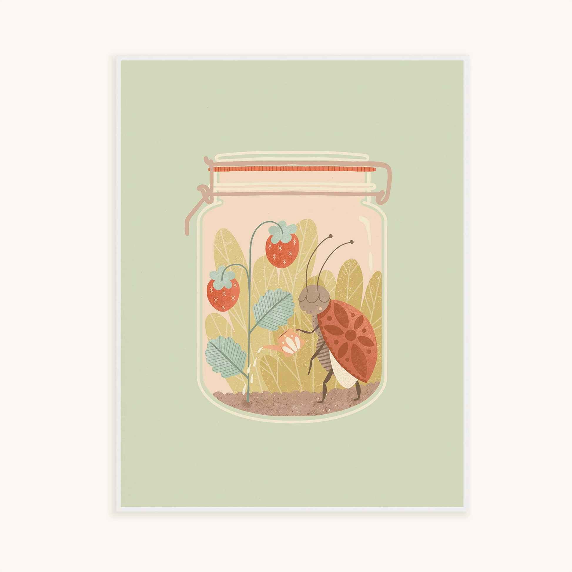 'tending to it' art print. print features a ladybug watering her strawberry plants, inside of a jar