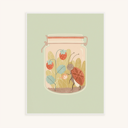 'tending to it' art print. print features a ladybug watering her strawberry plants, inside of a jar