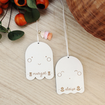 load image into gallery viewer, wooden folk ghost custom halloween tag
