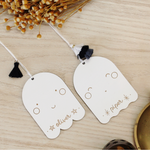 load image into gallery viewer, wooden folk ghost custom halloween tag
