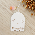 load image into gallery viewer, wooden folk ghost custom halloween tag
