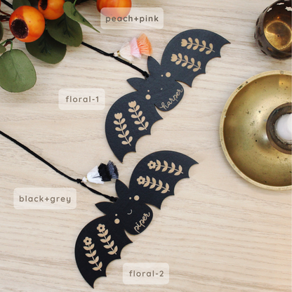 wooden bat customizable halloween name tag, boo basket tag