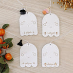 load image into gallery viewer, wooden folk ghost custom halloween tag
